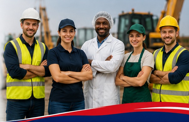 Workers representing construction, food production and agriculture